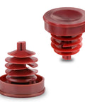 Heavy Duty Red Hydraulic Power Steering Reservoir Cap Slick Aftermarket Fluid Lid Cover Dead Nuts Reliable Screw Top Plug For Cars And Trucks Smooth Ride Replacement 53697SB3952, red ABS plugs viewed from angles.
