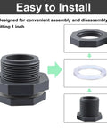 Easy to Install 1 inch NPT Bulkhead Fitting, grey PVC for water tanks, shows assembly process with sealing washer