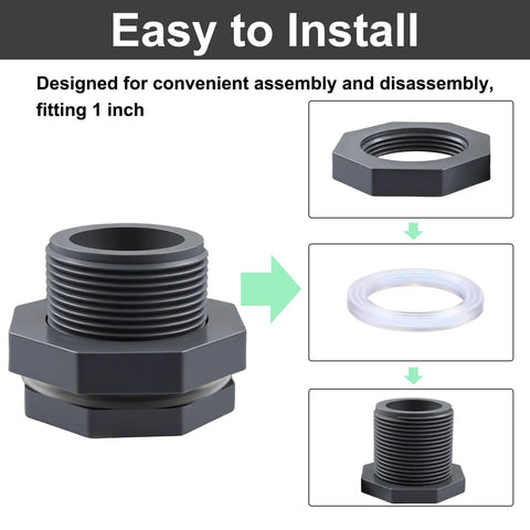 Easy to Install 1 inch NPT Bulkhead Fitting, grey PVC for water tanks, shows assembly process with sealing washer