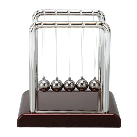 Five Beads Newton's Cradle Desk Toy with metallic pendulum balls and wooden base for home office decor and learning fun.