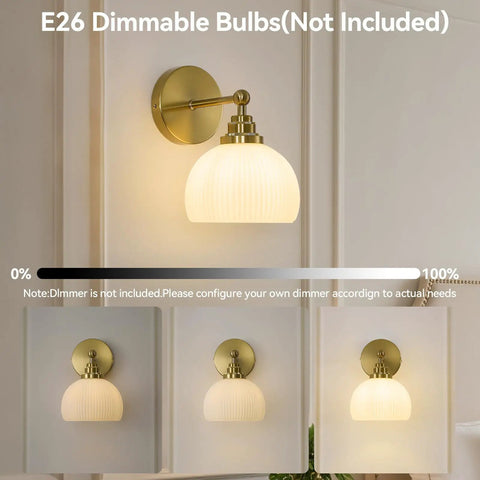Feasey Vintage Milk Glass Globe Wall Sconce, Mid Century Ribbed Glass Light mounted on wall with brass fixture and dimmable bulb.