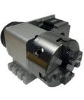Heavy Duty 4th Axis Rotary Table With Nema34 86 Stepper Motor And Four Jaw Chuck, detailed view showcasing metallic finish and four jaw design.