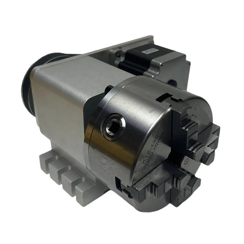 Heavy Duty 4th Axis Rotary Table With Nema34 86 Stepper Motor And Four Jaw Chuck, detailed view showcasing metallic finish and four jaw design.