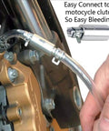 Brake Bleeder Hose Kit With One Way Check Valve For Motorcycle Clutch Bleeding Corrosion Resistant Aluminum Body Easy Clip Connection Air Blocking Tube Tool For Quick Mess Free Brake Fluid Release shown installed on motorcycle clutch.