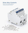DC Miniature Circuit Breaker 2 Pole 500V 100A With Arc Extinguishing Magnetic System, Heavy-Duty Silver Alloy Contacts, Overload And Short-Circuit Protection, Ideal For Power Distribution Panels And Control Circuits. silver alloy contacts shown on DC breaker