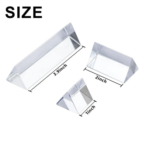 Equilateral Crystal Prism Set in 1 Inch 2 Inch and 4 Inch Sizes for Physics Teaching, K9 Optical Glass Triangular Prisms shown in size chart