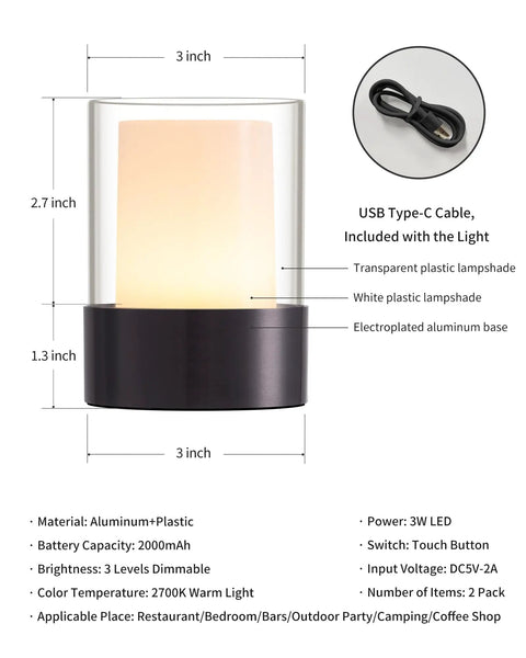 2 Pack 4 Inch LED Mini Cordless Table Lamp Touch Activated Night Light Waterproof Battery Powered Rechargeable Portable Light For Outdoor Dining Camping Nursery Baby Bar Party Black, showing dimensions and USB cable
