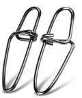 Front view: two stainless steel fishing snaps with locking mechanism, black nickel finish
