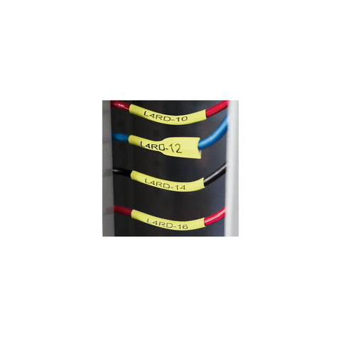 Hardcore Heavy Duty Heat Shrink Cable Label Tubes 19Mm Polyolefin Wrap With Triple Shrink Ratio featuring bold black lettering on bright yellow tubing for rock solid wire marking and tight cable management.