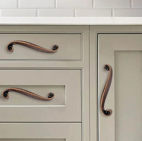 Top Shelf Ten Pack Hammered Antique Copper Cabinet Pulls With Killer Rustic Finish Heavy Duty Zinc Alloy Drawer Handles and Door Hardware For Kitchen Upgrades Featuring A Flawless Three Inch Center Hole And Slick Home Renovation Vibes on kitchen cabinets.