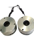 Two silver DC motor brake units for a robotic arm, front view showing central bore and mounting holes with wired leads.
