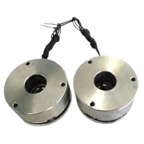 Two silver DC motor brake units for a robotic arm, front view showing central bore and mounting holes with wired leads.
