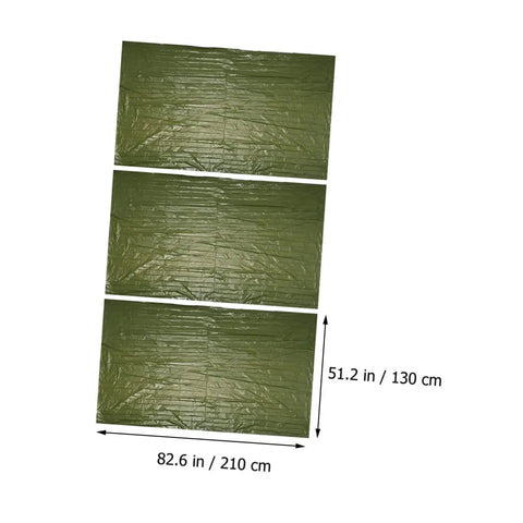 Three olive green thermal blankets, 82.6 x 51.2 in, showcasing 3 Pack Thermal Survival Blankets Emergency Kit For Beach Mat Camping Rug Tent Ground Cover Reflective Foil Gear All In One With Emergency Signaling And Disaster Prep.