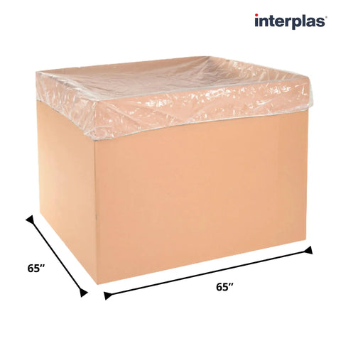 Pack Of 25 Clear Elastic Covers For 65 Inch Square Gaylord Boxes Built Tough To Lock Down Warehouse Stock Food Grade Plastic Stretch Shrouds Rock Solid Fit No Sweat Setup on a 65x65 inch box.