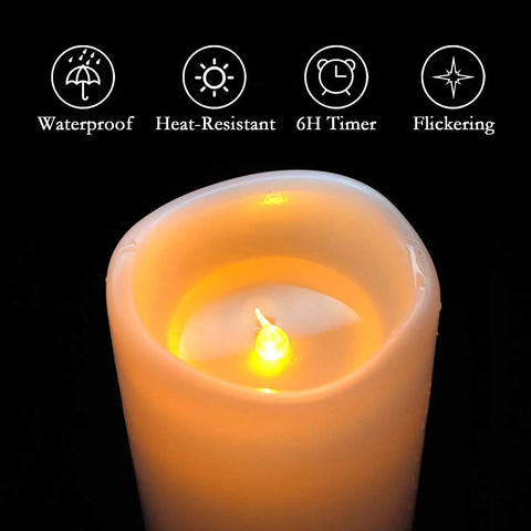 Weatherproof Outdoor Flameless LED Pillar Candles 4x8 Inches With Remote And Timer showing waterproof and flickering features