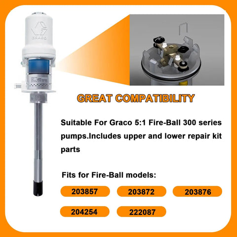 Air Motor Repair Kit 238286 Replacement For 5 To 1 Fire Ball 300 Pumps Upper And Lower Repair Parts, displayed with compatibility info.