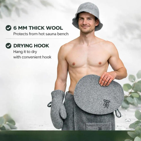 Man holding gray felt Wool Sauna Seat Cushion Pad For Benches Chairs Or Floors Comfy Handmade Gray Felt Heat Protector Insulated Mat