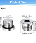 Diagram of Two Pack Half Inch NPT Stainless Steel Inner Hex Plug With Sealing Ring, showing dimensions and hex head design.