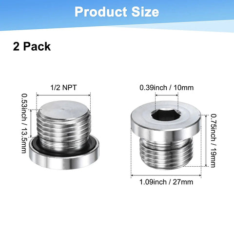 Diagram of Two Pack Half Inch NPT Stainless Steel Inner Hex Plug With Sealing Ring, showing dimensions and hex head design.