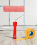 Slick Wall Texture Roller For Interior Painting With Adhesive Masking Paper Heavy Duty Build For Smooth Eggshell Finish, red handle and pink roller.