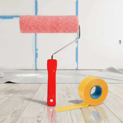Slick Wall Texture Roller For Interior Painting With Adhesive Masking Paper Heavy Duty Build For Smooth Eggshell Finish, red handle and pink roller.