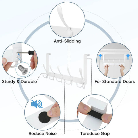 TICONN over-the-door coat rack, 5 white metal hooks for standard doors, anti-sliding design.