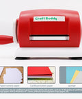 Manual Die Cutting and Embossing Machine for DIY Projects in red, side view with handle, ideal for cards and scrapbooking.