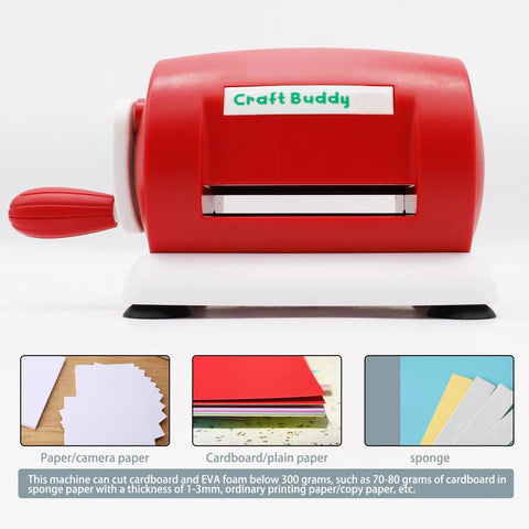 Manual Die Cutting and Embossing Machine for DIY Projects in red, side view with handle, ideal for cards and scrapbooking.