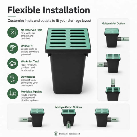 Rugged Heavy Duty Catch Basin With Grate And Debris Basket For Outdoor Drainage System, Large Square Drain Box, Composite Resin