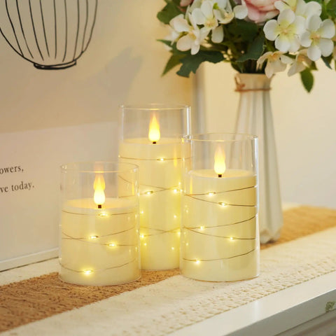 Dope Flameless LED Candles With Embedded Fairy Lights Battery Operated Acrylic Candles With Remote And Timer Ivory White Set Of 3