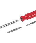 Hella Grippy Heavy Duty Red Handle Six In One Quick Change Multi Bit Screwdriver With Dual Nut Drivers And Phillips Bits on white background.