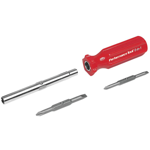 Hella Grippy Heavy Duty Red Handle Six In One Quick Change Multi Bit Screwdriver With Dual Nut Drivers And Phillips Bits on white background.