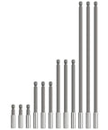 Heavy Duty Magnetic Drill Bit Extension Holder 12 Pack With 2 4 6 And 12 Inch Shafts for tight spots, showing various lengths of steel extensions.