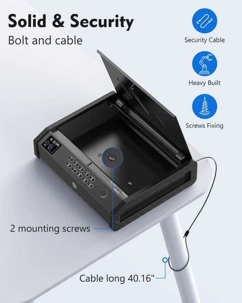 Biometric Pistol Safe With LCD Temperature Humidity Display, Quick Access Fingerprint Handgun Safe open on table