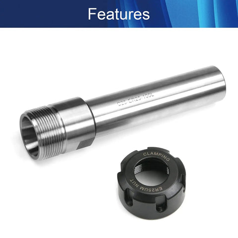 CNC Milling Extension Rod 25mm Shank ER25 Collet Holder Straight Chuck, 100mm Length, Precision Ground, 42CrMo Alloy in steel finish