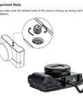 Installation guide for Beefy Solid Metal Hand Grip Bracket With Anti Slip Pads For Sony RX100 VII RX100M7 Camera, showing screw alignment.