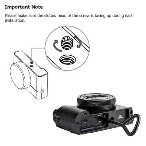 Installation guide for Beefy Solid Metal Hand Grip Bracket With Anti Slip Pads For Sony RX100 VII RX100M7 Camera, showing screw alignment.