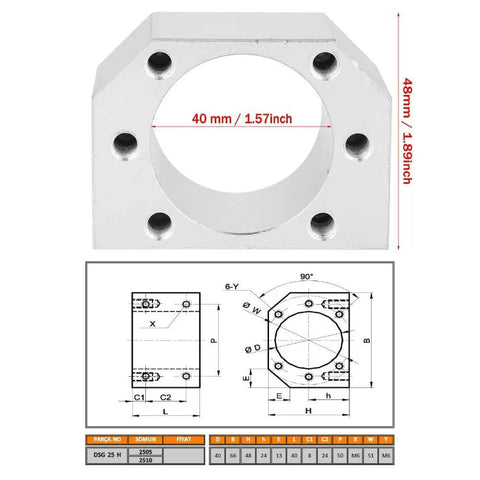 Front view of Aluminum Ball Screw Nut Housing Bracket For SFU 2505 And SFU 2510 DSG25H with dimensions and technical drawing.