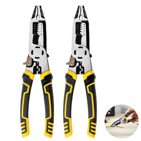 Get This Bad Boy 8-In-1 Multi-Function Wire Stripper Pliers Made From Tough CR-V Steel Built For Pros showing dual pliers with ergonomic handles.