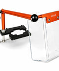 Heavy Duty Aluminum Drill Press Safety Guard Flip Up Shield For Bench Floor Machine, clear shield with orange arm.