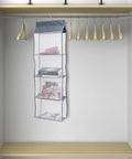Heavy Duty Five Layer Hanging Closet Organizer With Clear View Window And Tough Rust Resistant Steel Hook For Straight Up Wardrobe Storage And No Sweat Travel Packing hanging in closet with shelves holding clothes and books.