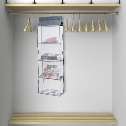Heavy Duty Five Layer Hanging Closet Organizer With Clear View Window And Tough Rust Resistant Steel Hook For Straight Up Wardrobe Storage And No Sweat Travel Packing hanging in closet with shelves holding clothes and books.
