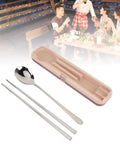 Stainless Steel Travel Utensils Set With Case, Portable Silverware Kit featuring chopsticks and spoon for camping and outdoor dining.