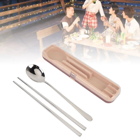 Stainless Steel Travel Utensils Set With Case, Portable Silverware Kit featuring chopsticks and spoon for camping and outdoor dining.