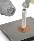 Metal Stamping Tools Set Steel Stamp 0.24 Inch Punch For Imprinting Jewelry Metal Wood Plastic Leather Heart Shaped Designs Built Tough Chrome Vanadium Craft Kit For DIY Makers shown with heart-shaped stamping end and copper blank.