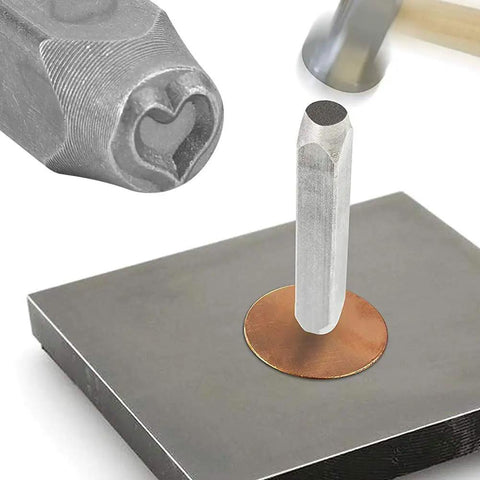 Metal Stamping Tools Set Steel Stamp 0.24 Inch Punch For Imprinting Jewelry Metal Wood Plastic Leather Heart Shaped Designs Built Tough Chrome Vanadium Craft Kit For DIY Makers shown with heart-shaped stamping end and copper blank.
