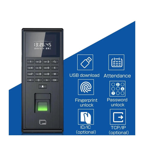 Top Shelf Fingerprint Time Clock With Keypad For Smart Door Access Control With Optical Reader Handling Wet Or Dry Fingers Quickly TCP IP Ready, front view