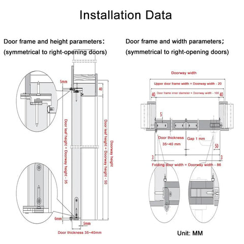Installation diagram of 180 Degree Folding Door Hinge Kit For Small Spaces Wooden Sliding Hardware, showing dimensions and measurements.