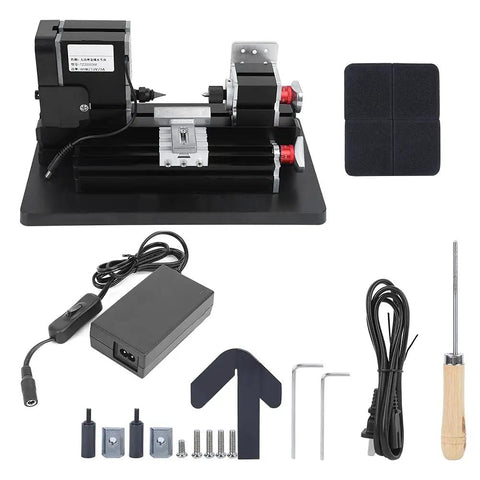 Ftvogue Mini Metal Wood Turning Lathe 60 Watt With Three Jaw Chuck, compact design with accessories for DIY woodworking projects.
