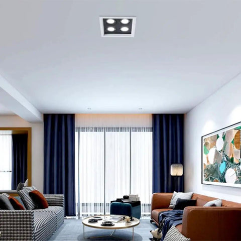 Top Notch Ultra Slim Canless LED Recessed Downlight Set Of Six Adjustable Gimbal Bullseye Spotlight in modern living room setting.